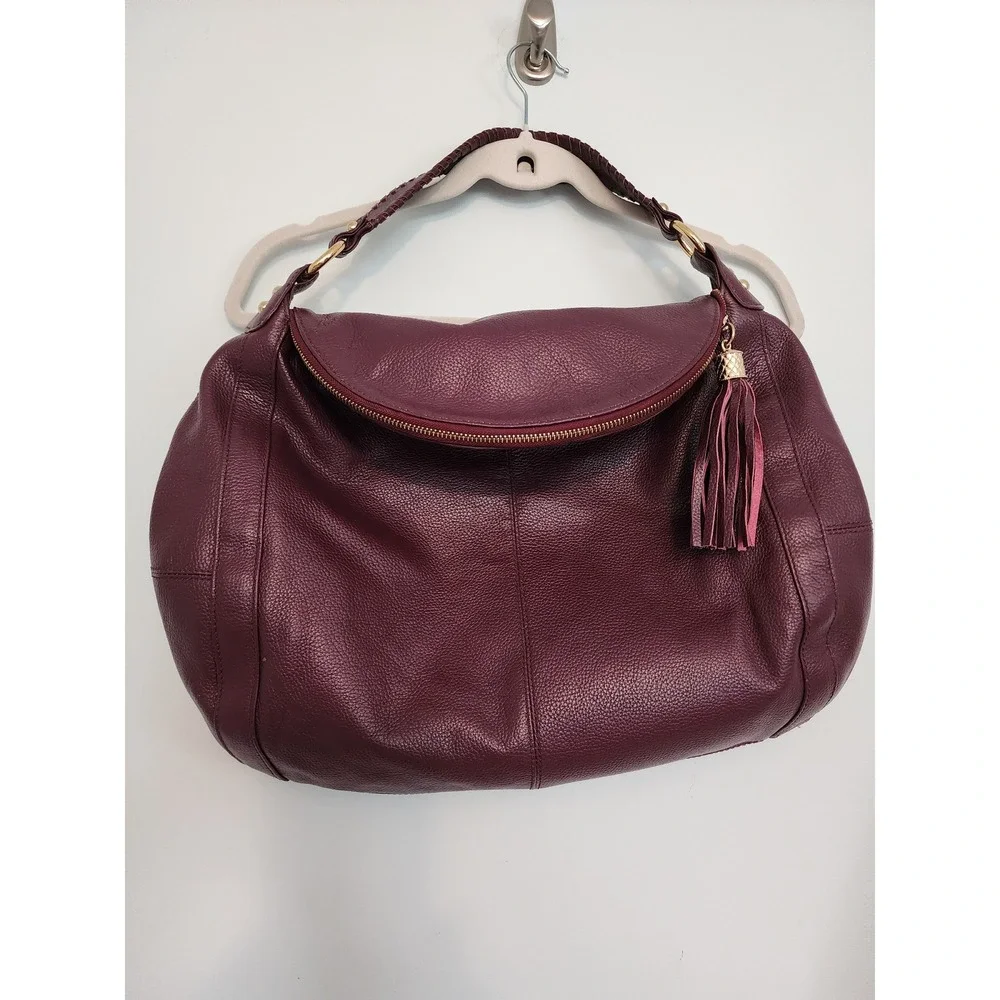 Onna Ehrlich Plum Pebbled Leather Hobo Bag Whipstitch Tassel Gold Hardware